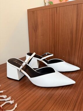 Call It Spring White Pointed Slingback Block Heel Mules